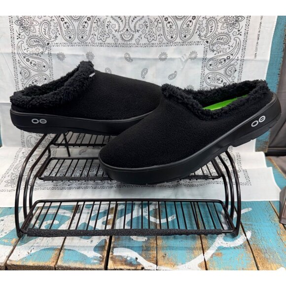 NEW Oofos Oocoozie Sherpa Mule Slipper Recovery Comfort Black Mens Size 10